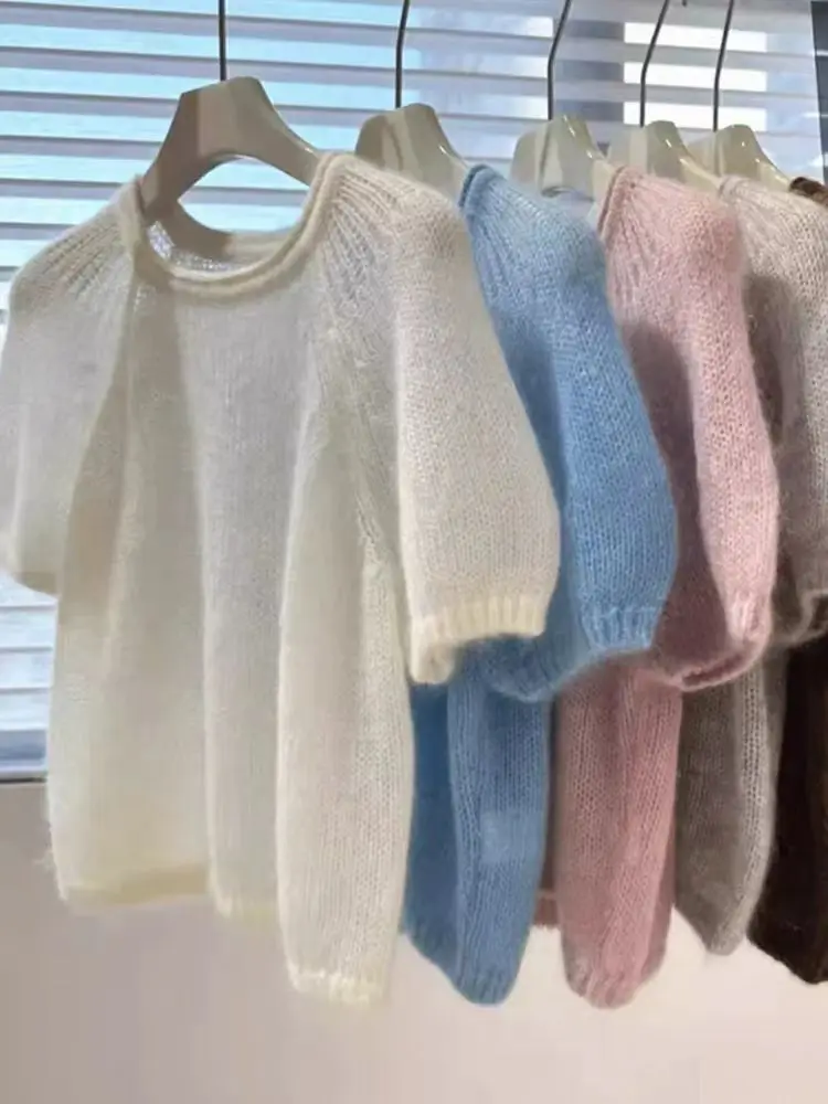 Молочный фуфу мягкий клейкий белый мохеровый свитер с короткими рукавами