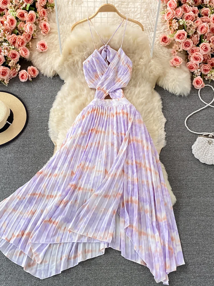 

Summer Purple/Pink/Yellow Hollow Out Irregular Pleated Midi Dress Women Sexy Beach Vacation Party Tie Dye Draped Robe 2021 New