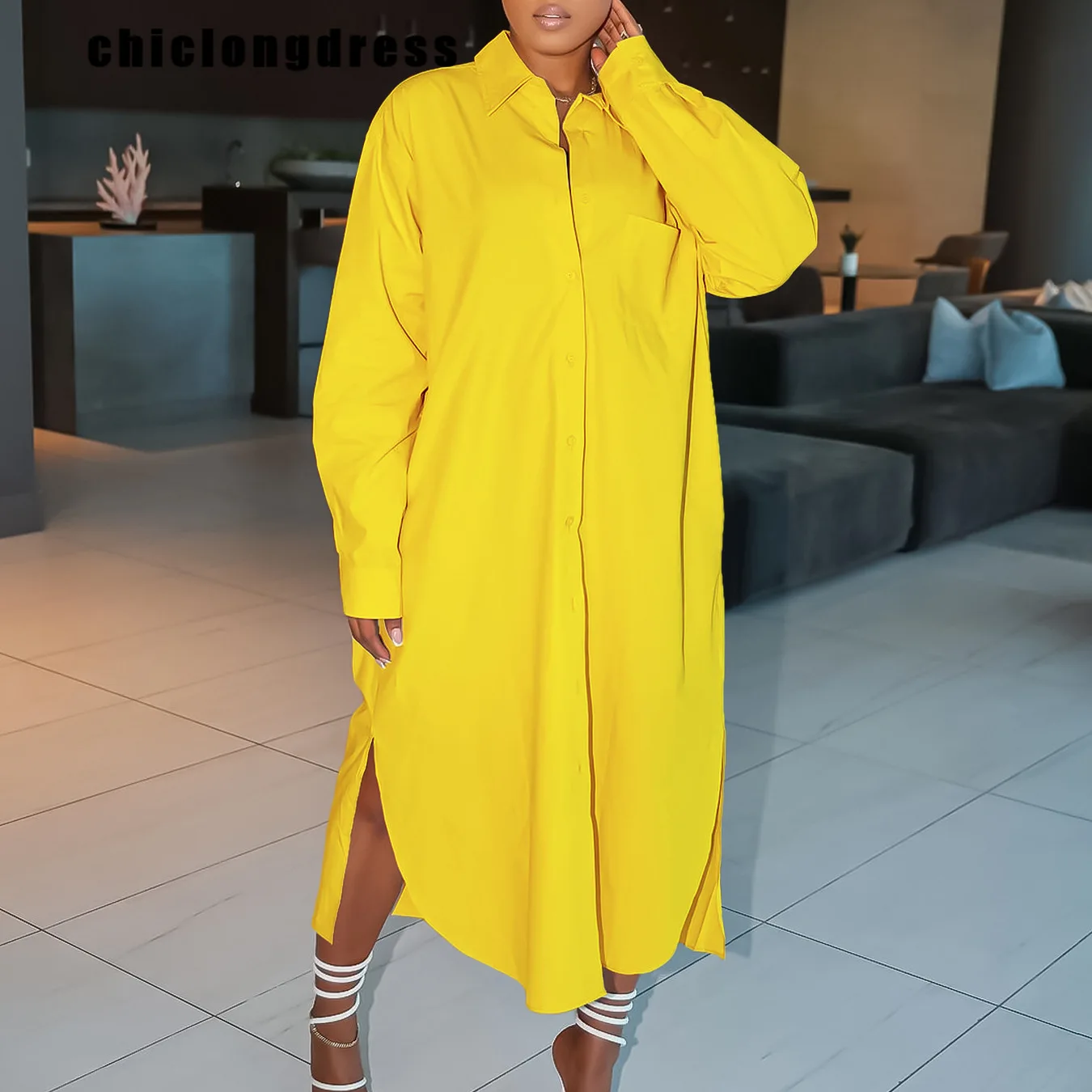 

Autumn Winter Casual Loose Shirt Dress African Women Fashion Solid Polo Collar Long Sleeve Split Button Shirt Dress Women