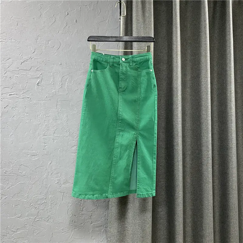 

2022 Summer Women Fashion High Waist Sides Split Skirts Female Solid Color Denim Skirts Ladies Midi Long A-line Skirts I112