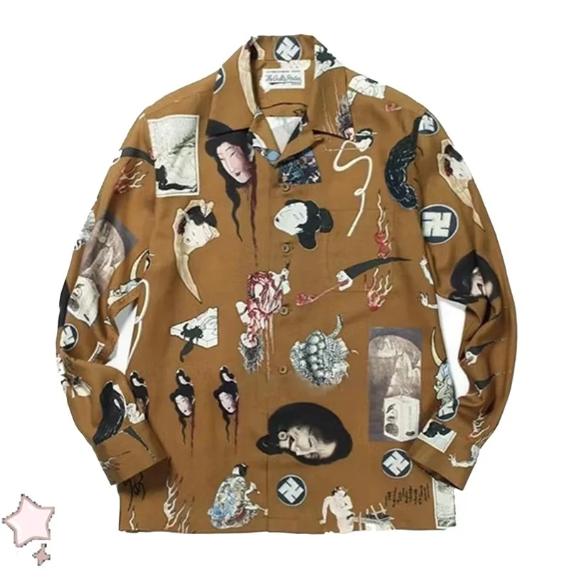 Men Women Hawaiian Graffiti Print Long Sleeve Shirts High Street Hip-Hop Shirt