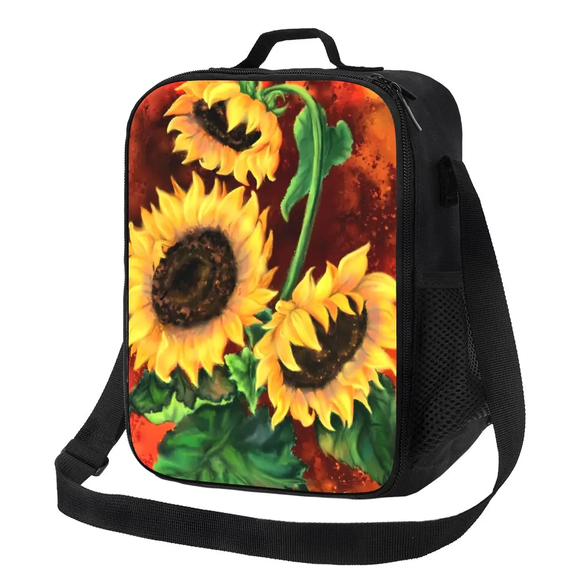 Yellow Flower Print Casual Lunch Box Travel Portable Thermal Tote Handbags Designer Cooler Bag