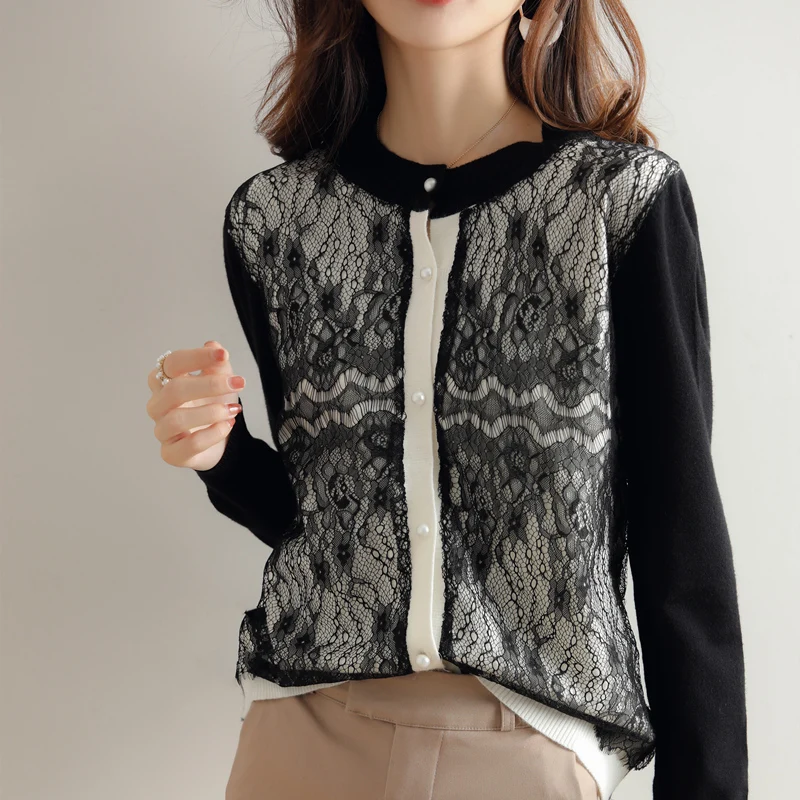 

Refined Imitation Wool Knitted Cardigan Women's Spring Autumn 2023 New Long-Sleeved French Temperament Lace Hollow Jacket Trend