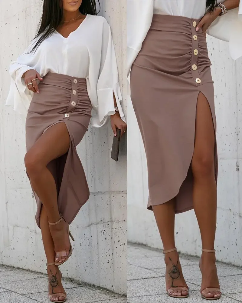 

CHAXIAOA 2022 Summer Women 1 Piece Ruched Buttoned High Sli Casual Skirt