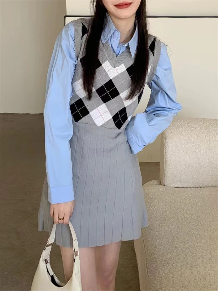 

Korean Style Knitted Dress Tank Plaid Elegant Preppy Style Dress Pleated Sleeveless Women Autumn Winter Sweet Kawaii