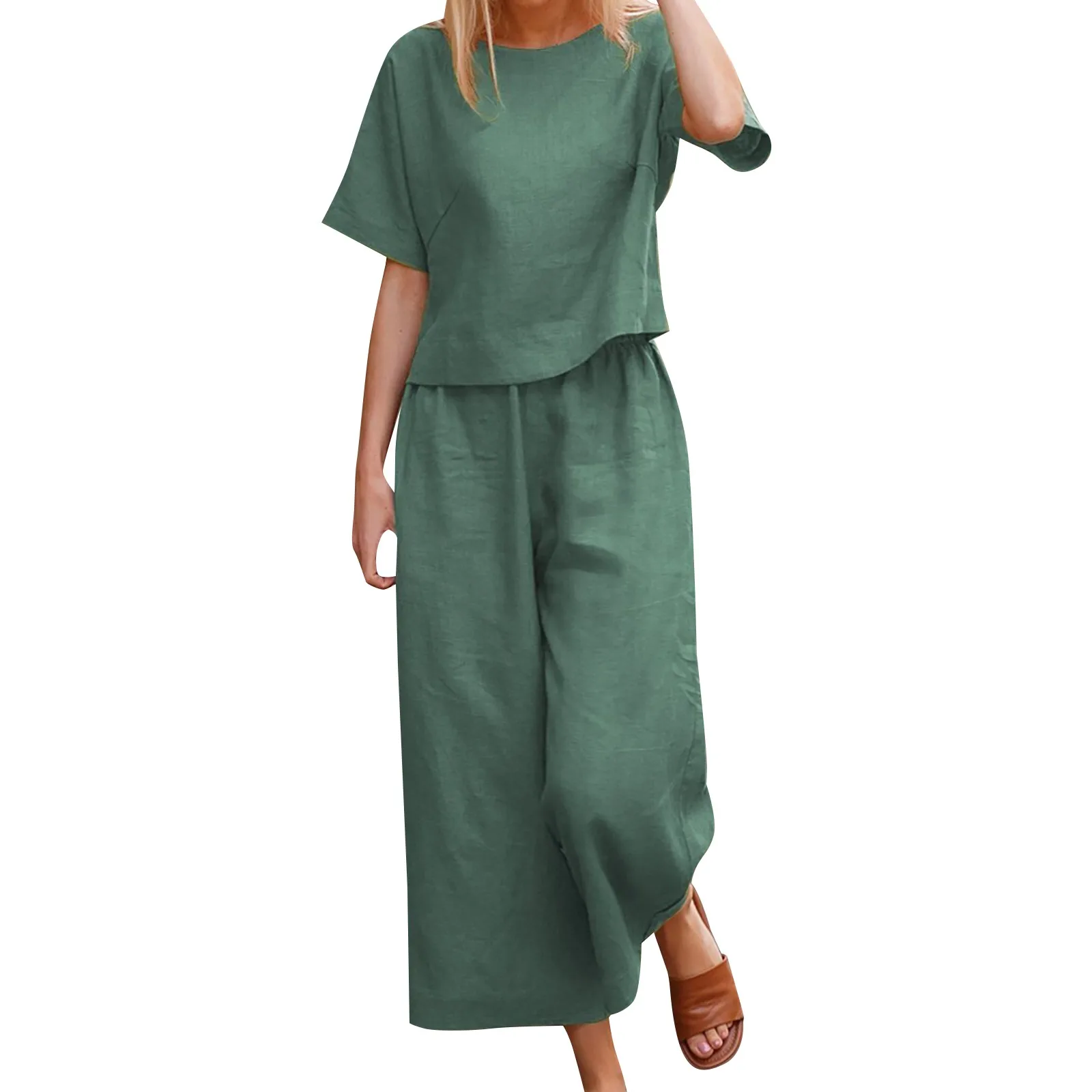 Костюм женский из хлопка и льна модный Удобный однотонный Повседневный