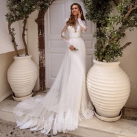 long sleeve mermaid wedding dress 2022 sheer o neck lace appliques backless sweep train gorgeous bridal gown vestidos de novia