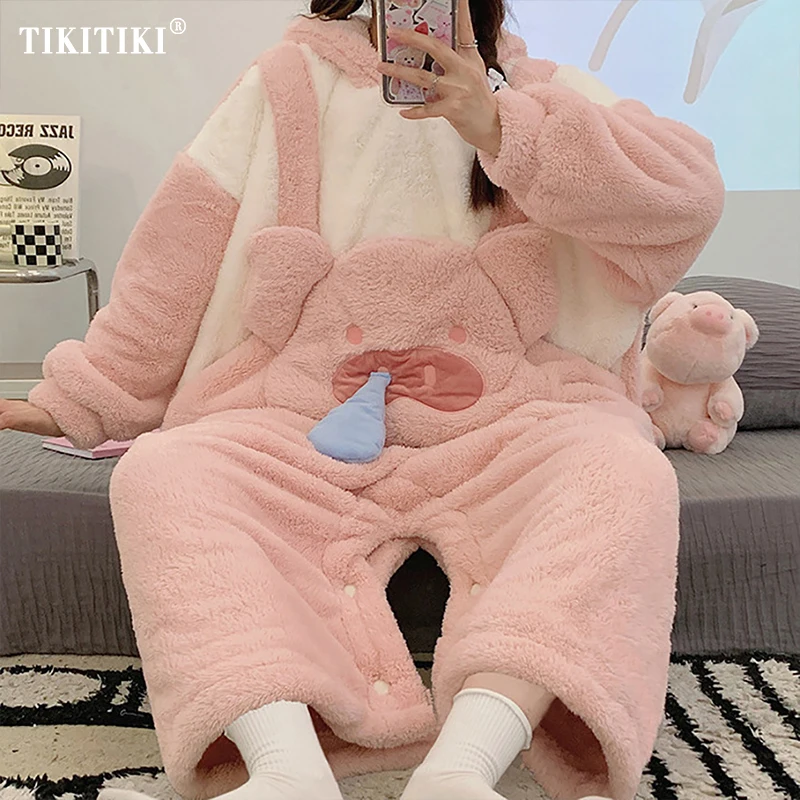 

Warm Pig Cartoon Sleepwear Winter Women Pajamas Onesie Thicken Pijama Night Wears Hooded Bodysuit Homewear Pyjama Jumpsuit