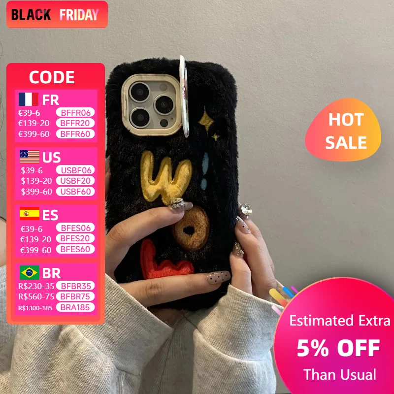 Плюшевый чехол Wow в стиле минимализм для iPhone 13 iPhone14plus12 креативный женский 15promax