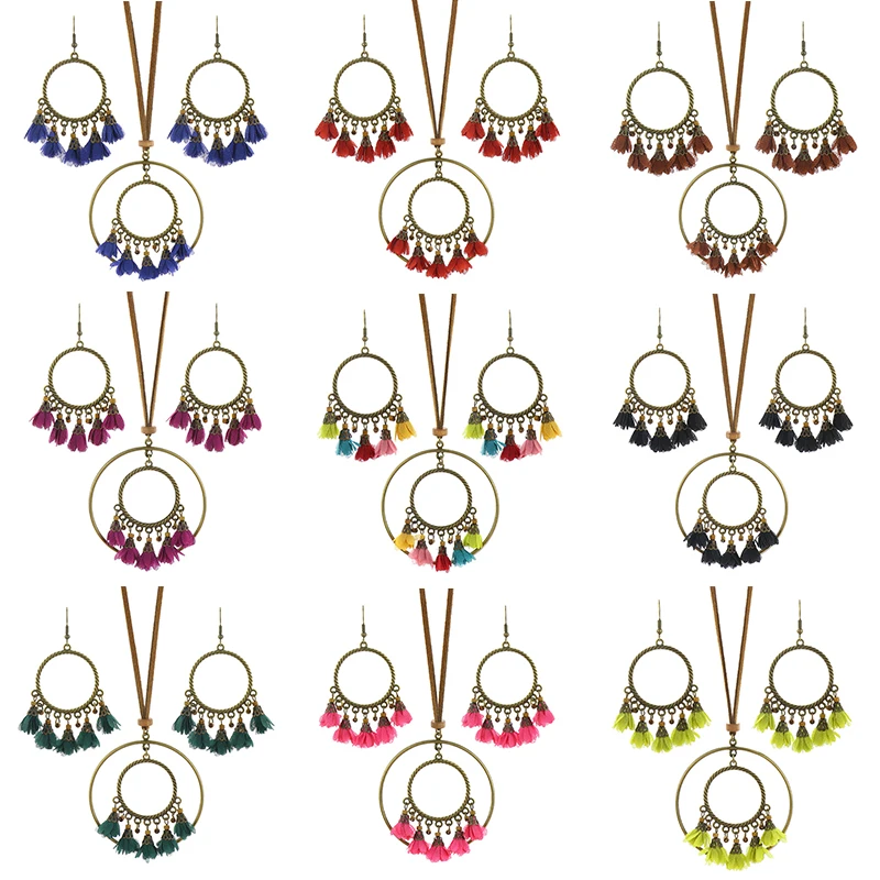 

Vintage Ethnic Tassel Flower Round Hanging Dangle Earrings & Necklaces Set for Women Boho Colorful Temperament Jhumka Jewelry
