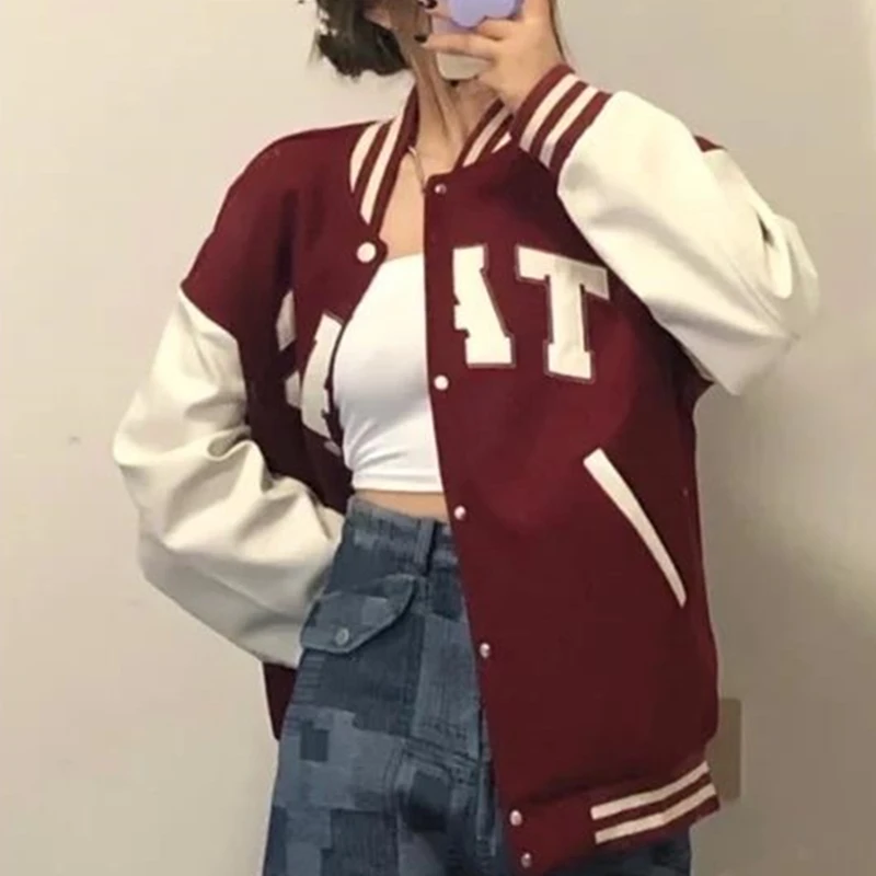 Женская бейсбольная куртка-бомбер осенняя Повседневная Свободная однобортная