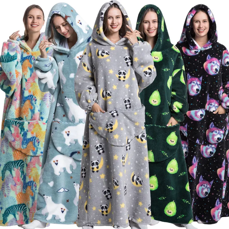 Extra Long Hoodies Winter Sherpa TV Blanket Plush Fleece Family Matching Outfits Sweatshirts Avocado Dinosaur Homewear Oversized