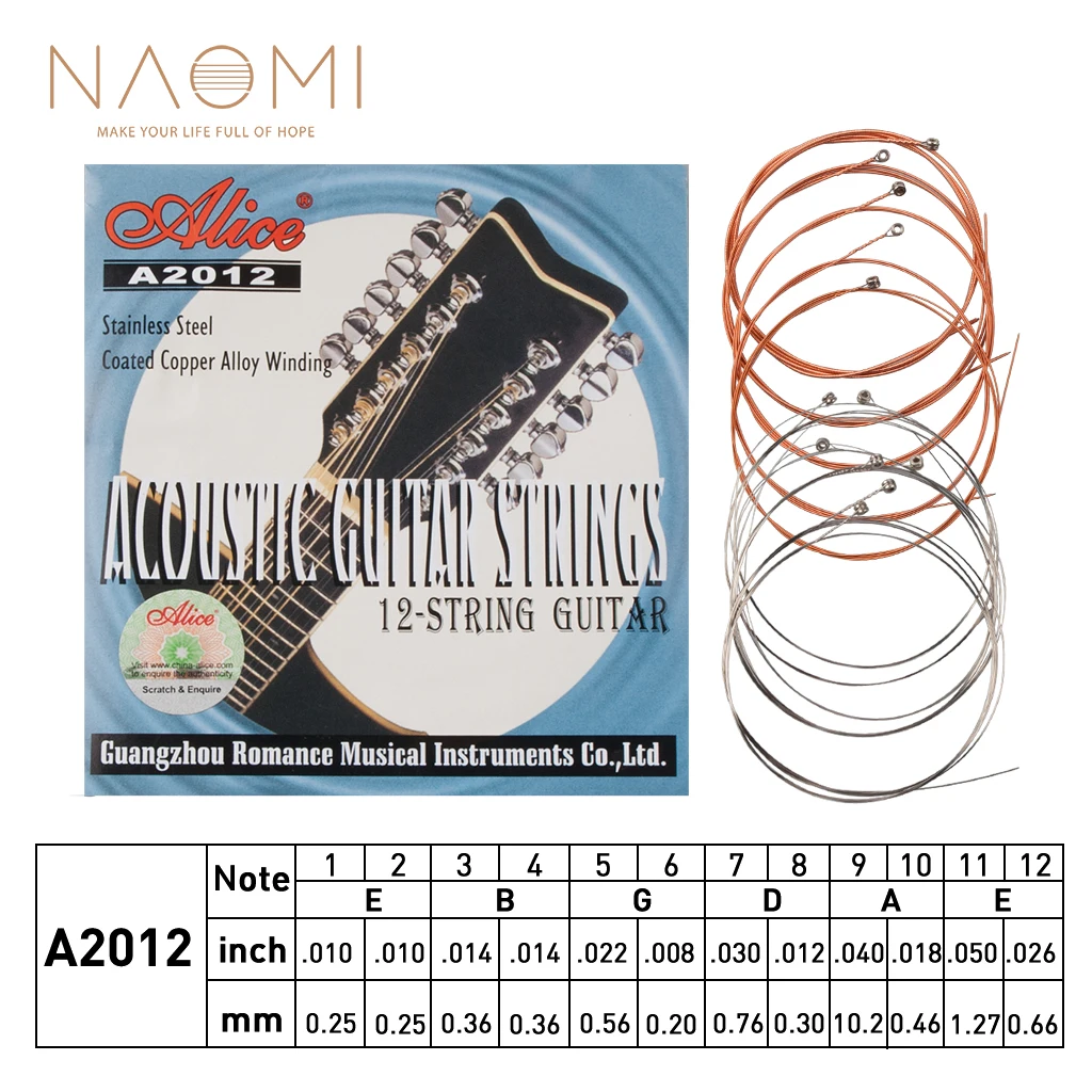 

NAOMI Alice A2012 12 Strings Acoustic Guitar Strings 010-026 Stainless Steel Core Coated Copper Alloy Wound Strings Set