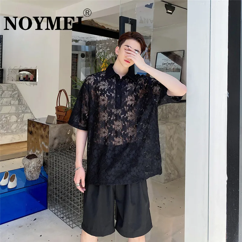 

Модная Новая летняя крутая рубашка NOYMEI с квадратным вырезом и короткими рукавами, мужской тонкий кружевной жаккардовый Свободный Мужской Т...
