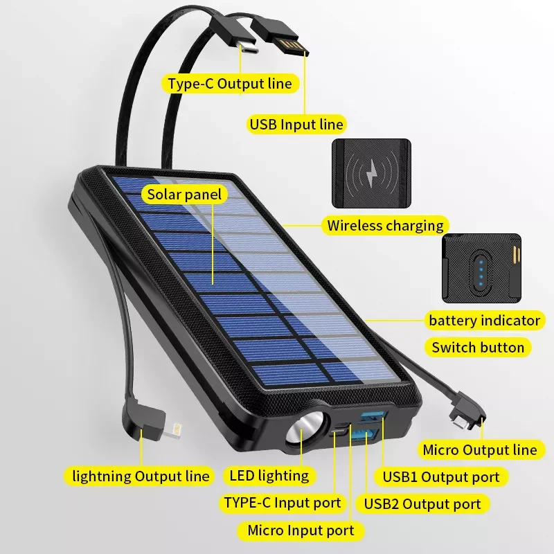 

2023 Solar Power Bank Wireless Fast Charging Large Capacity Portable Led Flashlight Power Bank Mobile Phone Battery External Cha