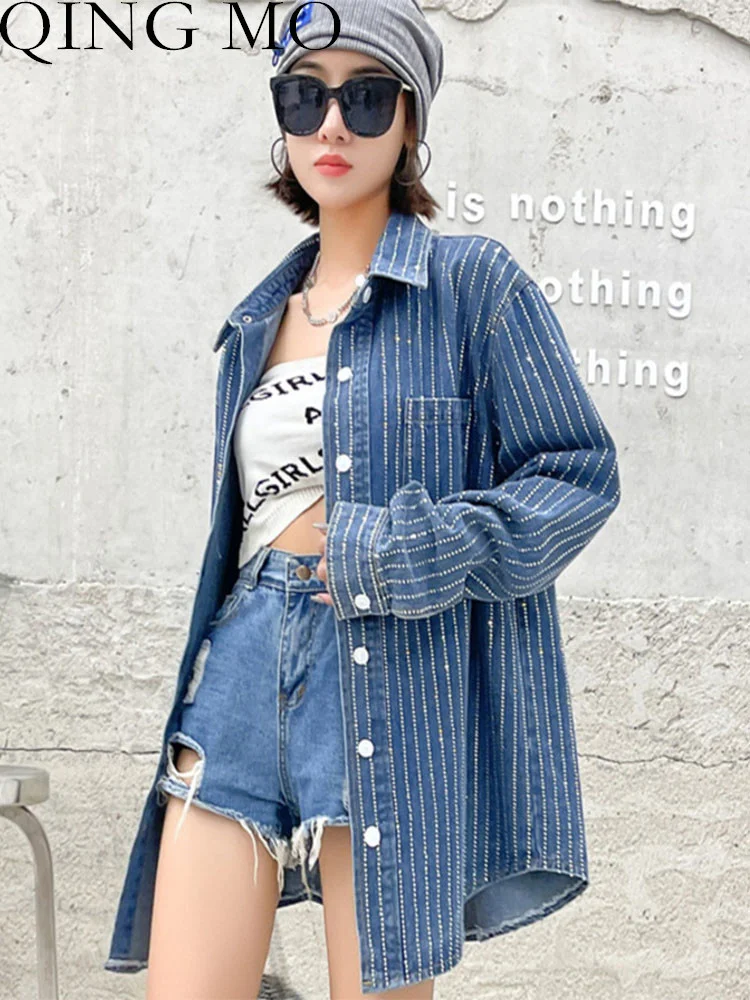 

Женская джинсовая рубашка с принтом QING MO, голубая Свободная рубашка с длинными рукавами и отворотом, весна-осень 2023, LHX1466A