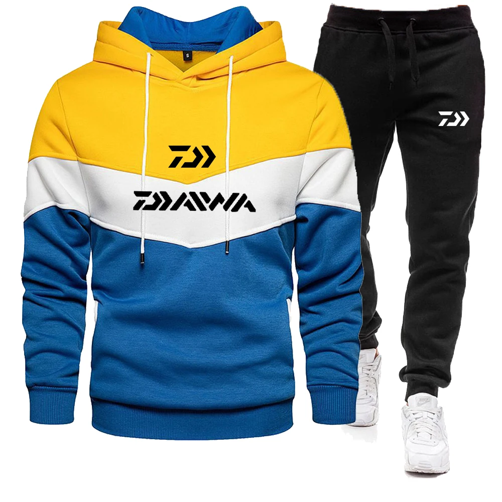 2023 Spring and Autumn Fishing Men's Patchwork Hoodie Set Casual Warm Sports Sweater Brand Pullover + Jogging Pants 2-piece Set
