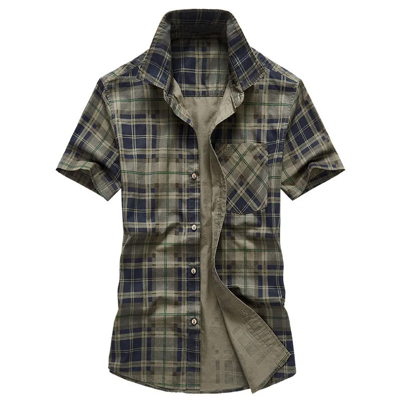 2022 Summer Plaid Short Sleeve Male Shirt Men's Cotton Casual  Large Size  Shirts  Father Military Fashion High Quality Blouse