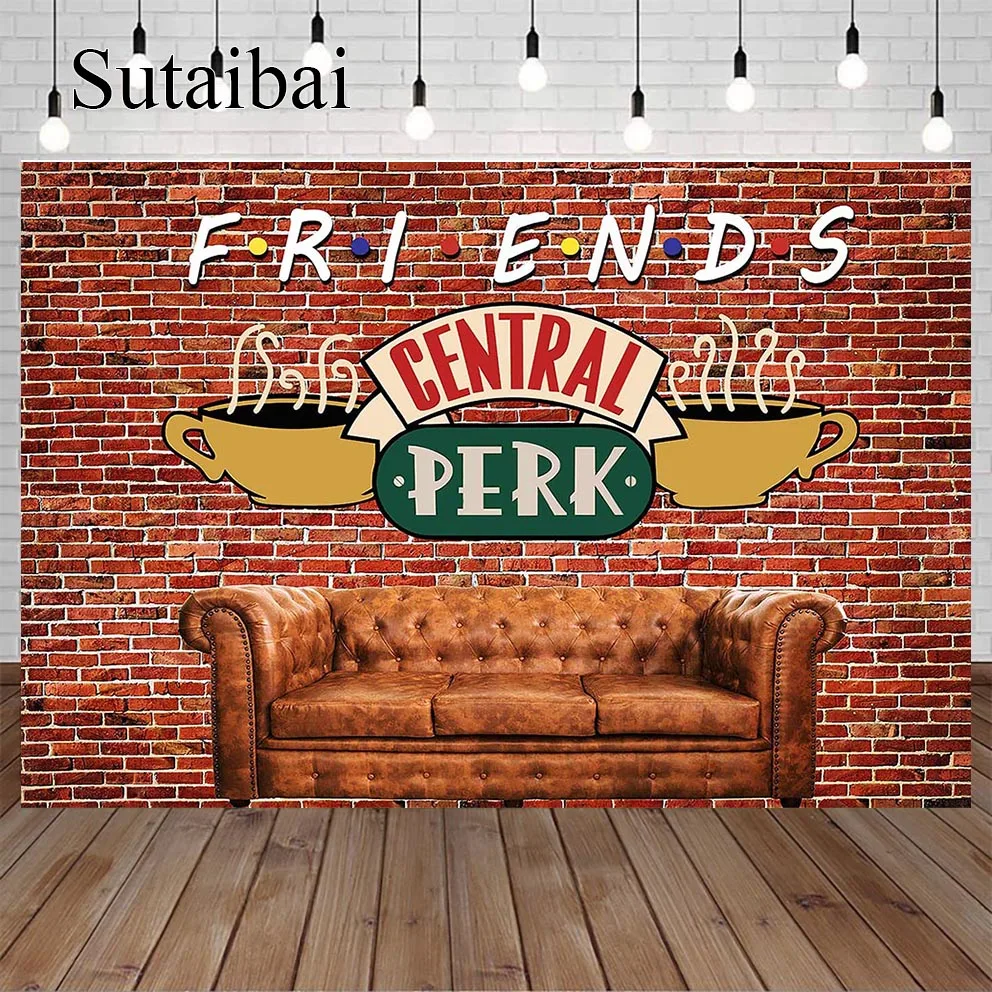 

Red Brick Wall Sofa Coffee Shop Photography Backdrop Friends Central Perk Pub Party Photo Background Booths Studio Props