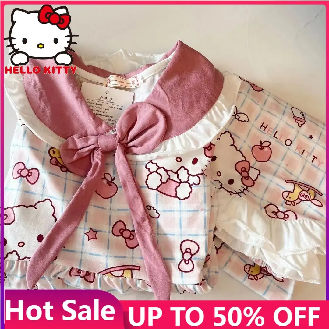 

Kawaii Sanrio Hello Kitty Spring and Autumn Pajamas Set Anime Y2K Kuromi Cute Girl Student Gift Long Sleeves Home Pants Clothes