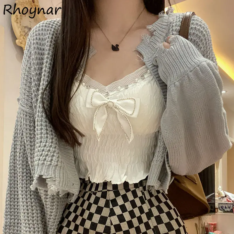 

Camis Women Bow Girlish Crop Top Sexy Solid Elegant Mature Cosy Summer Y2k Stylish Mujer Kawaii All-match Simple Korean Fashion