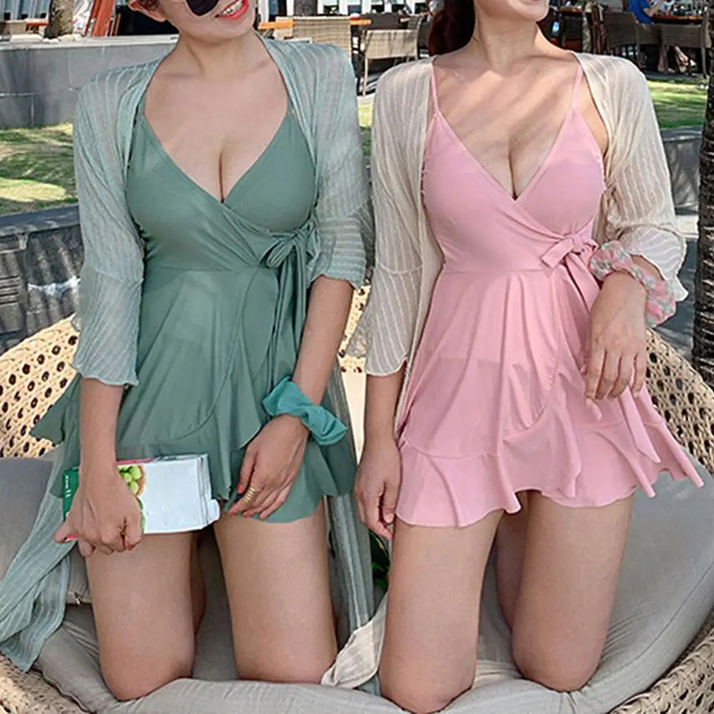 

Ruffle One-piece Swimsuit Solid Color Breathable Padded Bra with Chest Pad Pool Sexy Backless Push-Up Monokini Skirt Bathing Sui