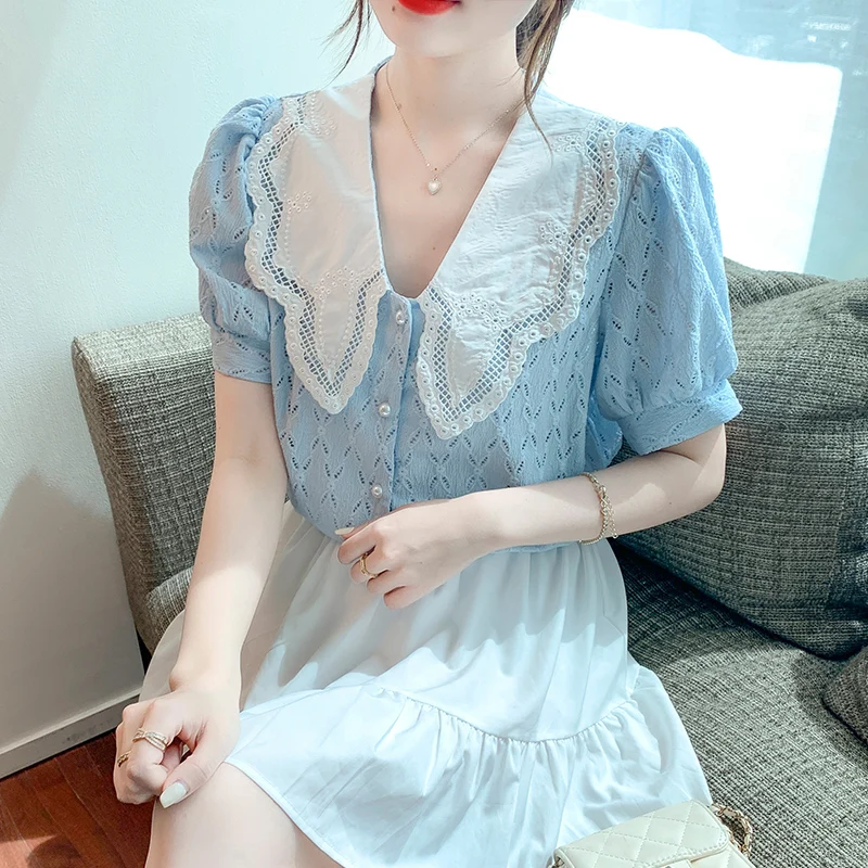 

COIGARSAM Shirt Womens Tops Summer 2022 New Short Sleeve Lace Peter Pan Collar Hollow Out Women Shirts Dropshipping