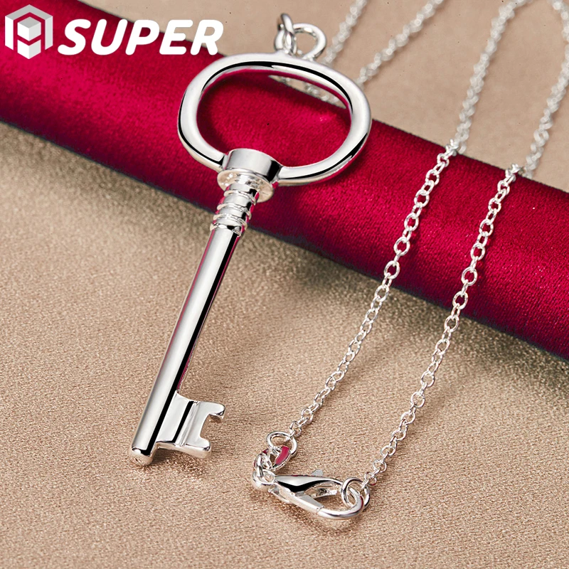

925 Sterling Silver 16-30 Inch Chain Round Key Pendant Necklace For Woman Man Fashion Wedding Engagement Party Jewelry