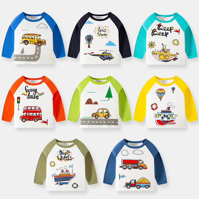 

Korean Version of Children's Clothing New Autumn Cartoon Car Pattern T-shirt Boys Cotton Knitted Bottoming Shirt