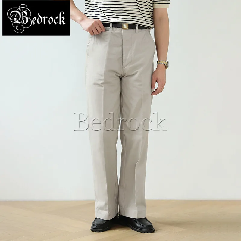 MBBCAR 300g twill pure cotton light khaki chino pants for men vintage straight cargo pants high waist loose suit trousers 7470