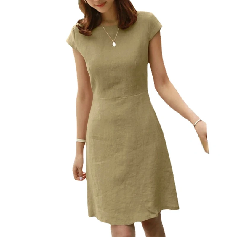 Crewneck Back Big V Hollowed Out Dress for Women 2023 Summer New Solid Color Short-sleeved Cotton Hemp Fashion Casual MIDI Dress