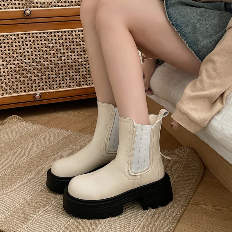 2023 Autumn Winter Women Boots Genuine Leather Back Zipper Casual Shoes Woman Thick Heels Square Leisure Ankle Boots