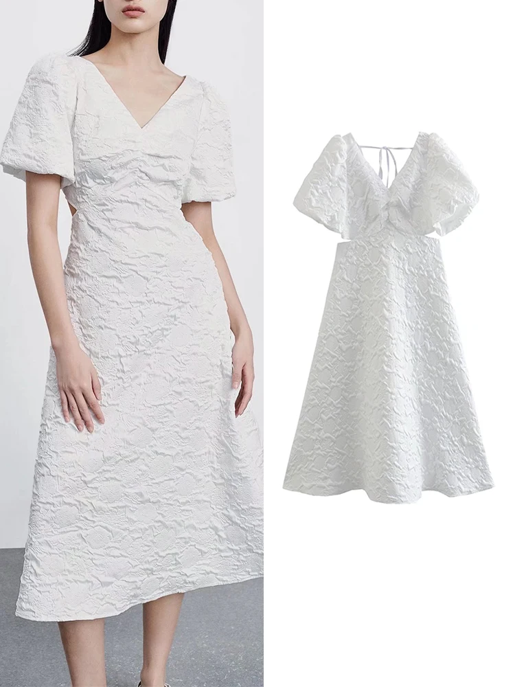 

TFMLN Hollow Out Summer Women Solid Dresses 2022 Vintage Female Mid-Calf Short Sleeve Party Dresses A-line Outwear Three Colors