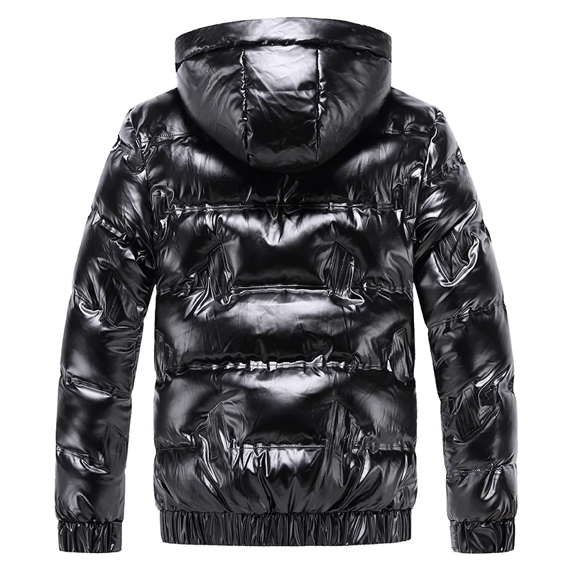 New Bright Leather Winter Men's Jacket Casual Parka Outwear Waterproof Puffer Padding Warm Stand With Hood Outwearing Coat