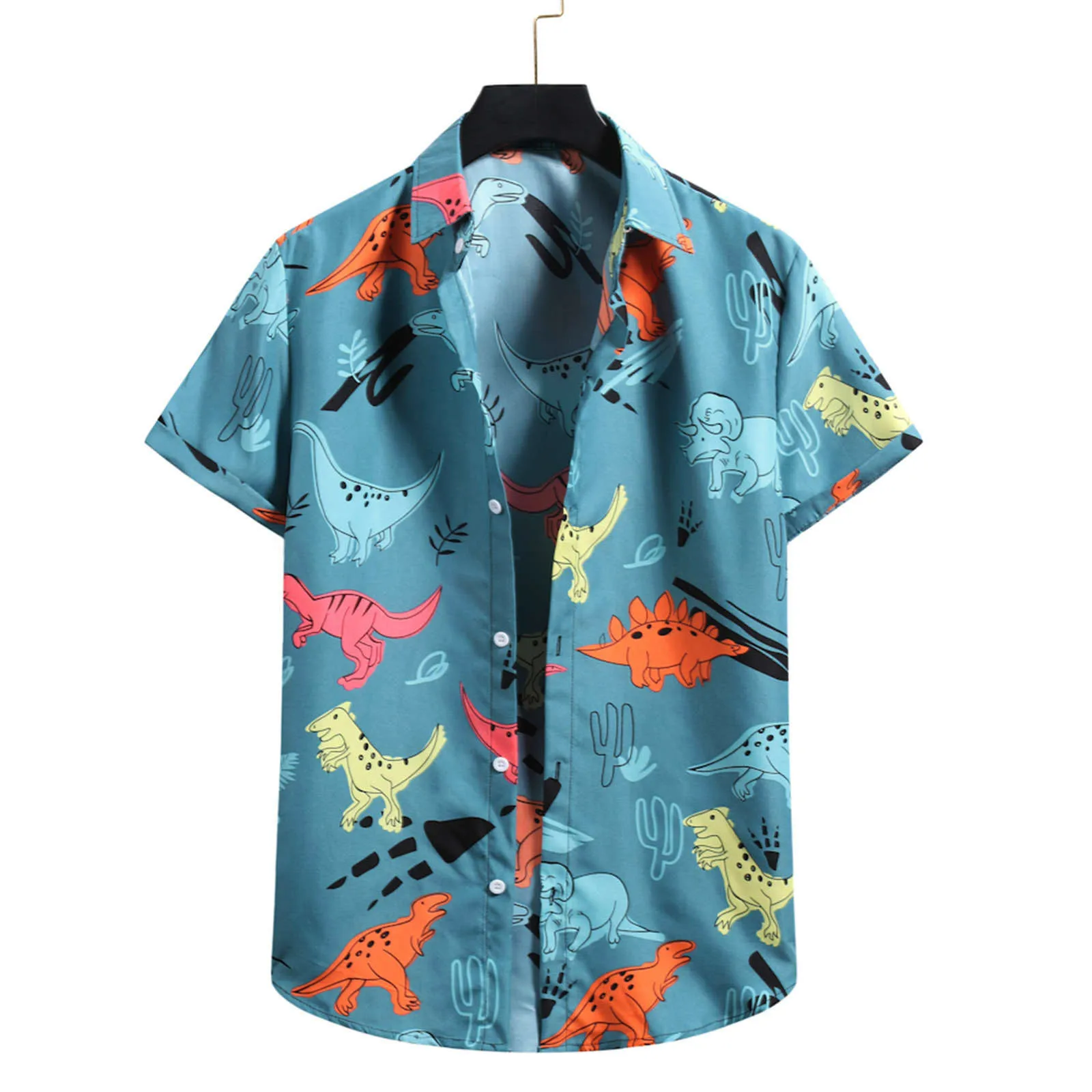 

Casual Summer Men Shirts Dinosaur Print Holiday Hawaiian Shirt Short Sleeve Turndown Collar Men Blouses Camisa Masculina