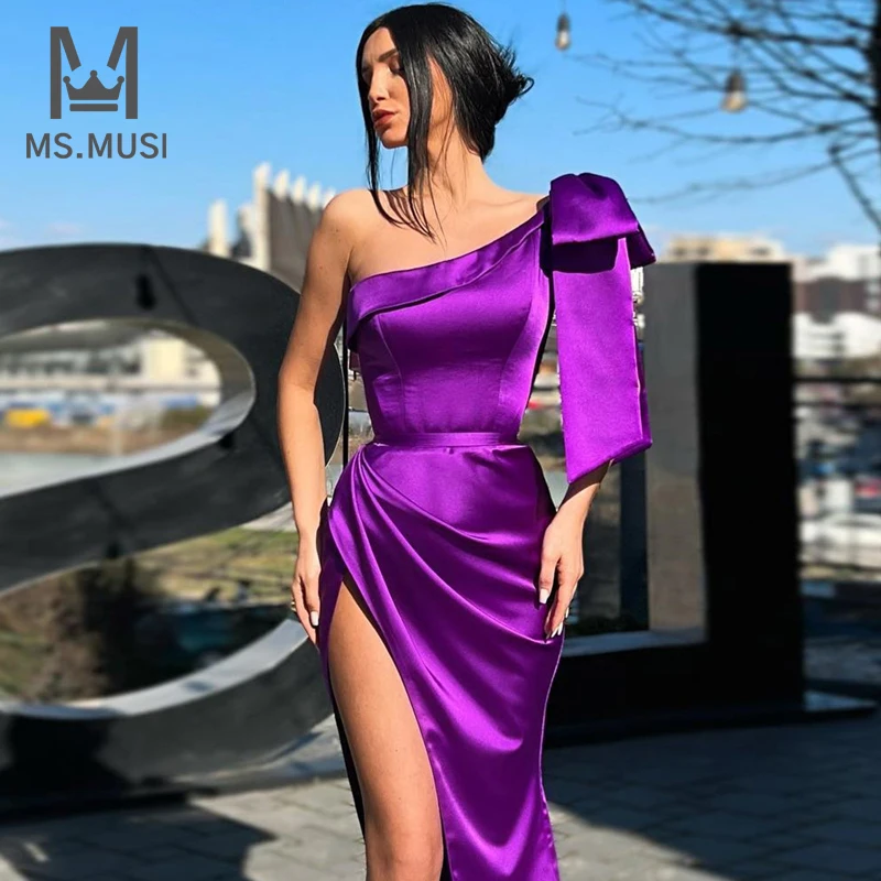 

Новинка 2022, модное женское пикантное атласное платье-миди на одно плечо MSMUSI с бантом, на шнуровке, без рукавов, с разрезом и открытой спиной