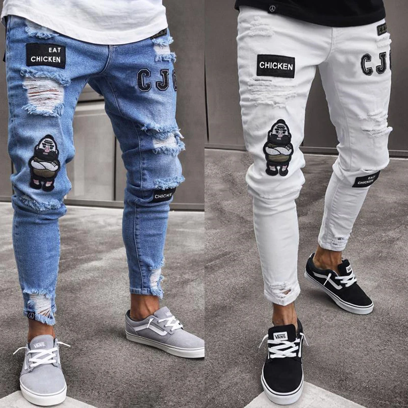 

Classic Fashion Streetwear Clothes Mens Denim Slim Y2k Skinny Ripped Jeans Oversize Trousers Cowboy Mans Skeleton Pants Clothing