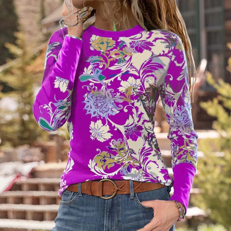 

2022 Spring Autumn Ethnic Style Print Long Sleeve T-shirt Women Casual Loose Plus Size O-neck Top Women Oversize Pullovers Tees