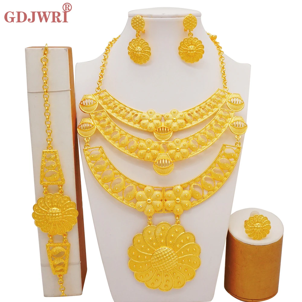 

Dubai Gold Color Big Luxury Flower Jewelry Set African Arabic Indian Charm Necklace Bracelet Earring Nigeria Bridal Wedding Gift