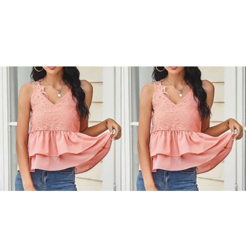 

Women's Temperament Commuter Solid Color Sling Lace Blouse Pink