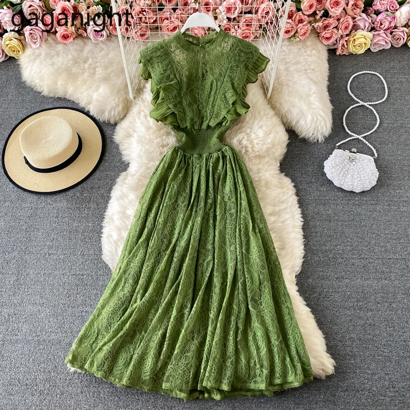 Женское кружевное платье без рукавов с круглым вырезом и оборками | Женская