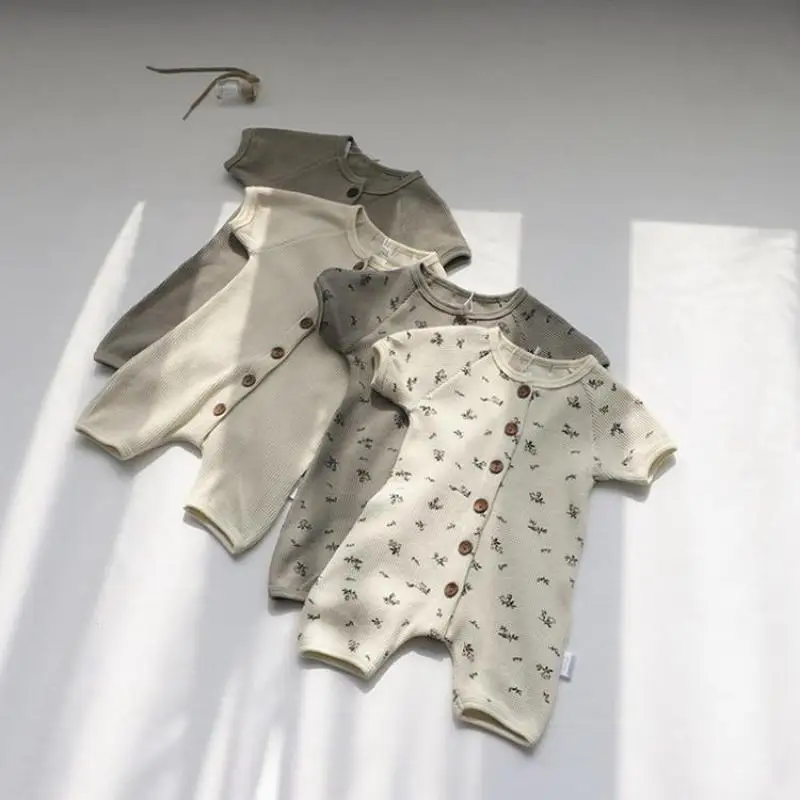 

Summer Boy Girl Infant Cardigan Solid Simple Short Sleeve Jumpsuit Toddler Waffle Floral Print Romper Newborn Cotton Thin Onesie