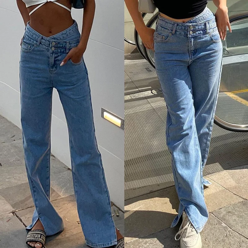 

2023 Casual Women's high waist double-layer cross irregular inclined Waist Wide Leg forked cowboy floor pants women's