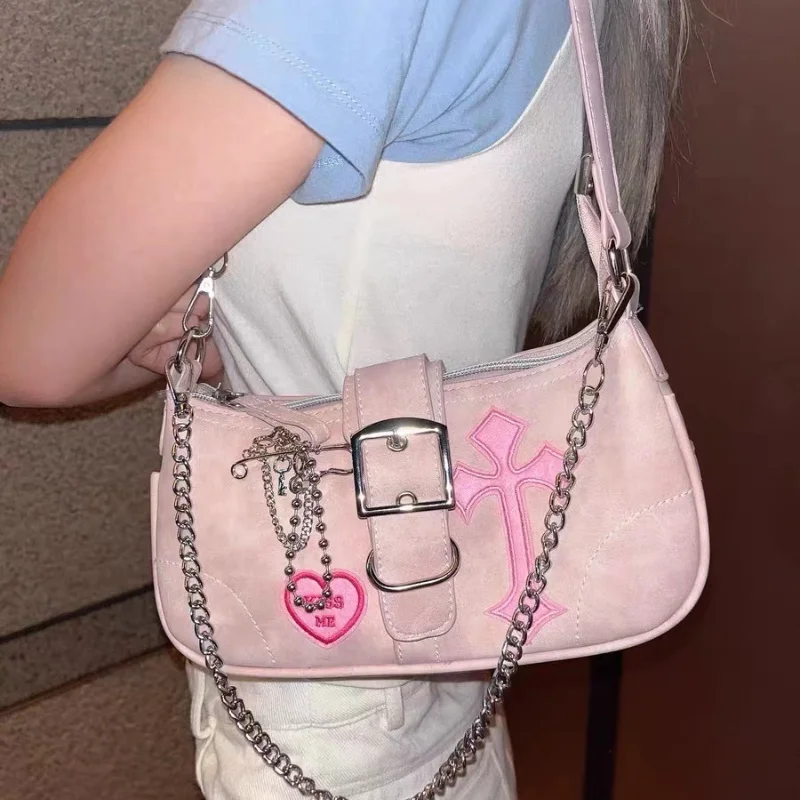 

Y2K Sweet Cool Women's Underarm Bag Hot Girls Pink Shoulder Bags Messenger Bag Retro Design Female Chain Purse Armpit Handbags