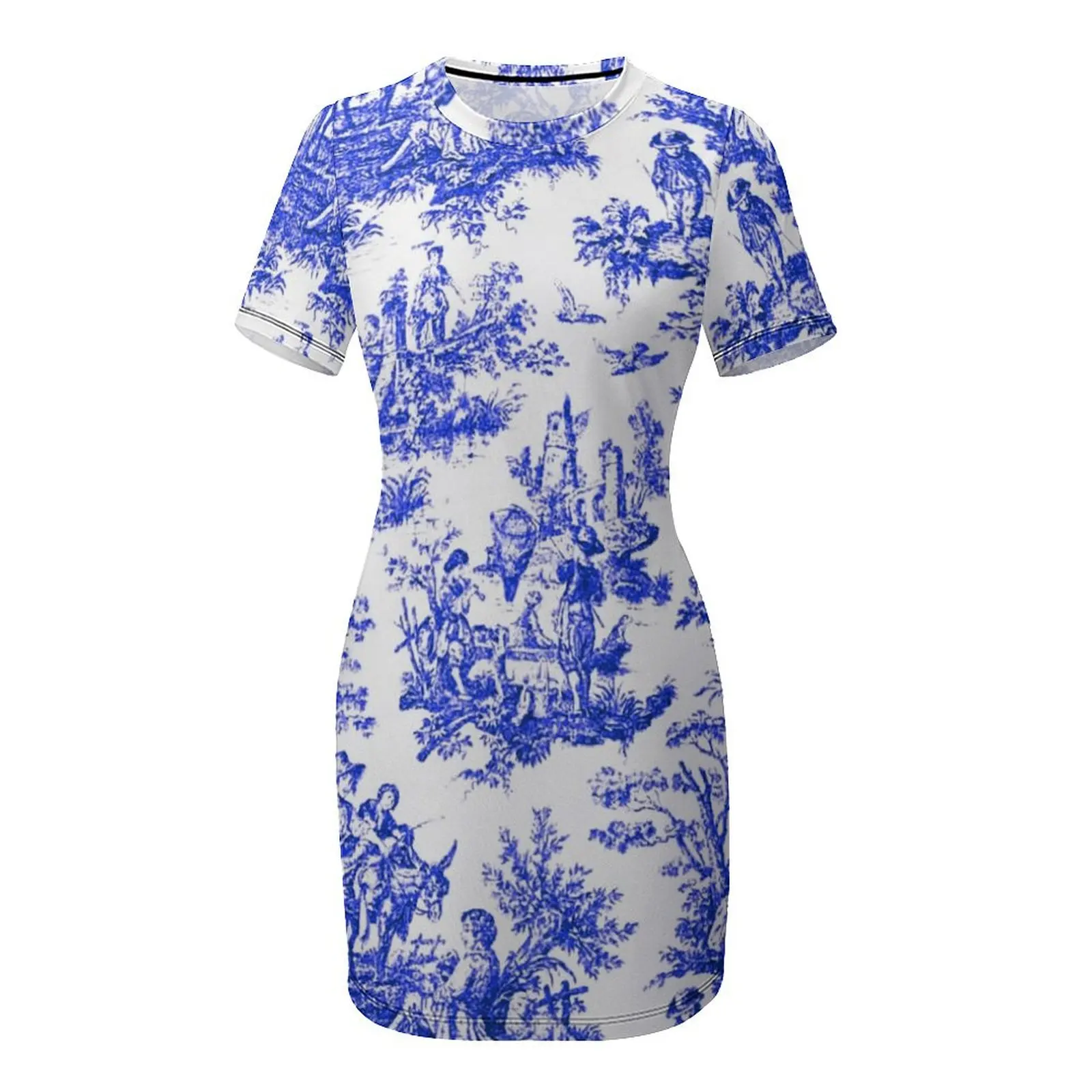 NOMADES Artsy vintage Toile de Jouy - Королевское синее платье с короткими рукавами женское