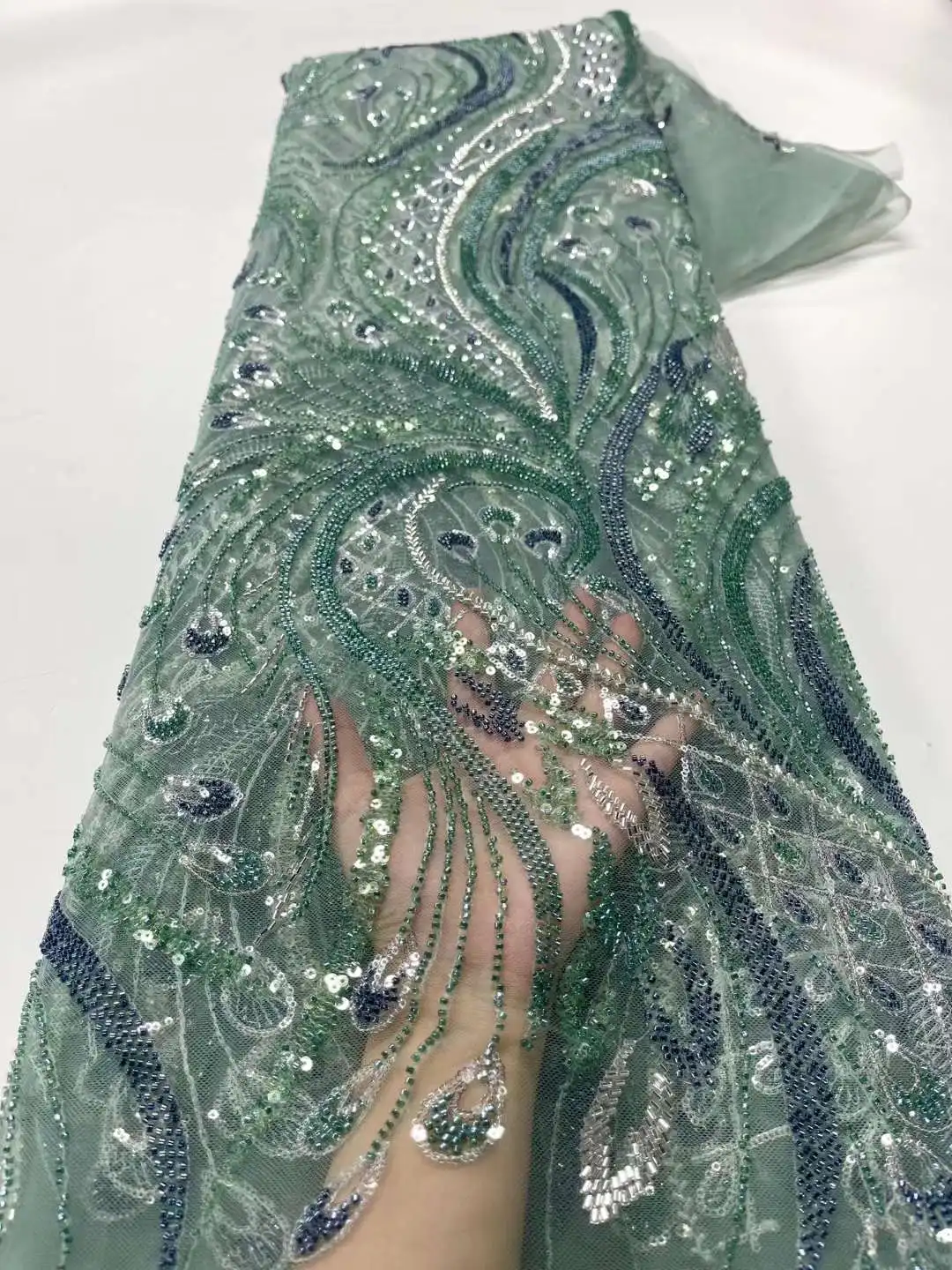 

Лидер продаж, зеленый цвет, французская нигерийская блестящая кружевная ткань с бусинами, 5JRB-42402, вышитая Дамская фотография или искусственное платье