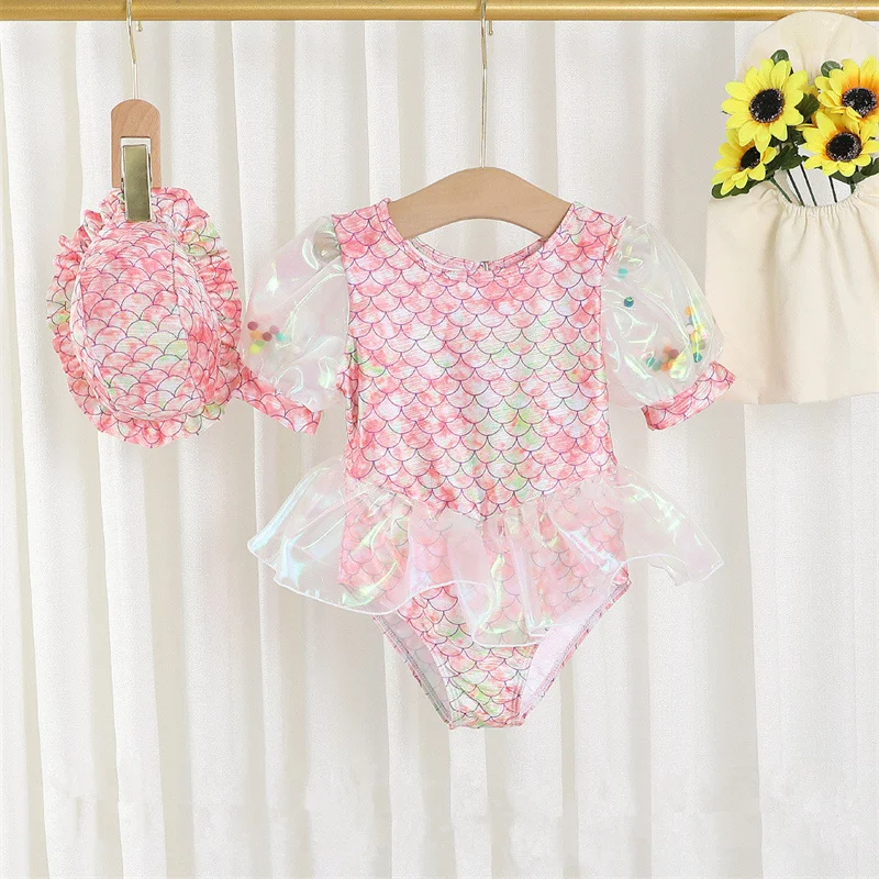 

Купальник-Русалка с шапкой для маленьких девочек, цельный купальный костюм с принтом рыбьей чешуи для детей, Детский пляжный костюм