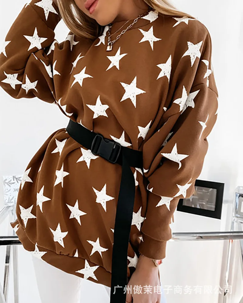 

Spot 2022 Women's New Brown Star Print Casual Sweater Top Women Women Sexy Tops