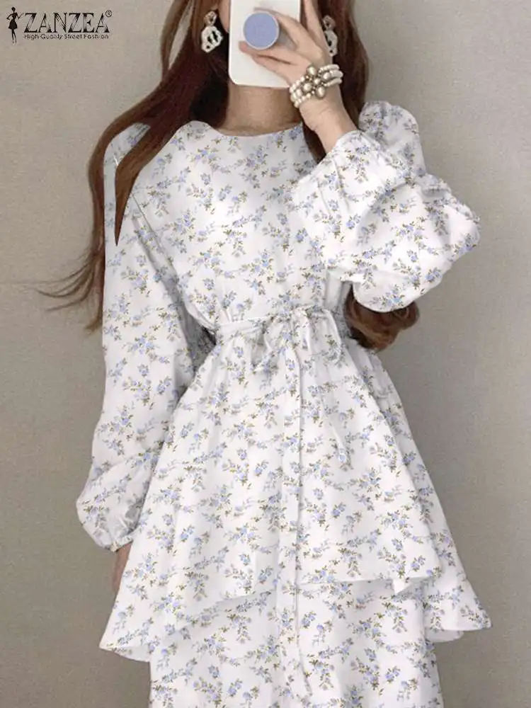 

ZANZEA Bohemian Korean Fashion Dresses Floral Print Elegant Layered Ruffled Hem Belted Midi Dress Women Puff Sleeve Vestidos