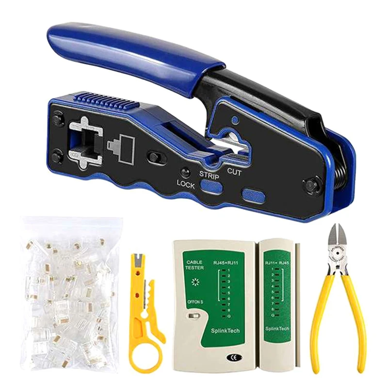 

Тестер сетевых кабелей Lan RJ45 обжимной инструмент проходной модульный CAT6 Cat5e Cat5 комплект для обжимания 150 шт. через разъемы